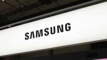 The Samsung logo on a white background, shot on a tech fair.