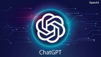 ChatGPT logo on a cyber-looking blue background.