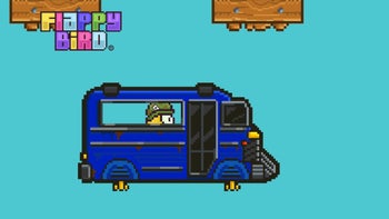 A bus carrying a character from the "rehatched" Flappy Bird game is seen in the Flappy Bird Rivals mode.