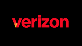 Verizon's new logo appears in red on a black background with a small flame on part of the "V" in Verizon.