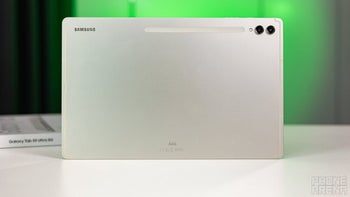 A silver Galaxy Tab S9 Ultra with its back facing the camera