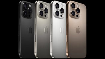 Four iPhone 16 Pro models, one of each color,are lined up revealing three-quarters of eacvh unit's real panel.