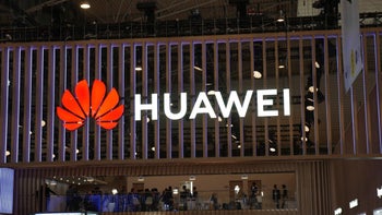 The logo of Huawei, photographed at a tech fair.