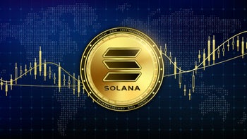 Image of SOL cryptocurrency coin with SOL logo on a back drop of a candlestick stock chart.