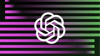 OpenAI's ChatGPT logo displayed on a background of pink and green stripes.