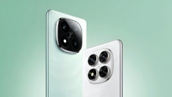 Renders of the Redmi Note 14 in light green and white displayed against a green background.