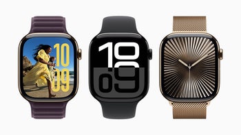 Three Apple Watch Series 10 models with different bands and watch faces displayed on a white background.