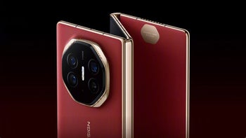 The novel tri-fold Huawei Mate XT in red on a black background.