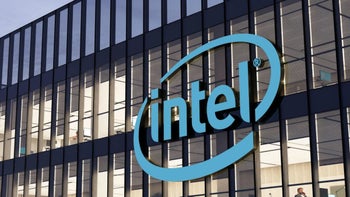 The icon Intel logo in light bue is seen outside a company office building.