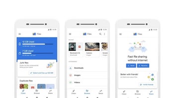 Google Files app open on three different smartphones.