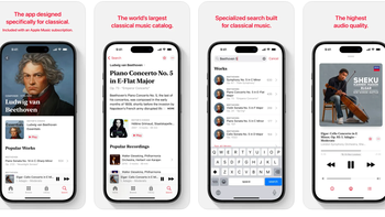 Apple Music Classical app open on multiple iPhones positioned next to each other.