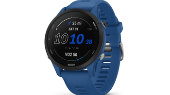 Garmin Forerunner 255 in Tidal Blue on a white background.