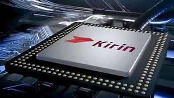 A Kirin chipset is shown in a closeup ythat shows off the Kirin logo and name on the silicon.