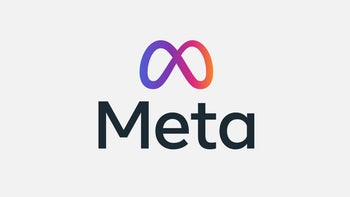 Meta's infinity logo is printed above the company's wordmark on an off-white backdrop.