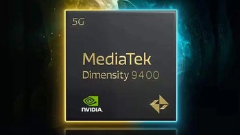 A box made to resemble a smartphone chipset has the words MediaTek Dimensity 9400 on it against a multi-colored background.