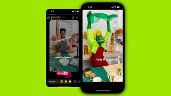 A phone showing the TikTok app and its new Flip Stories feature on a green background.