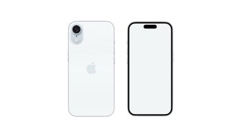 On a white background we see the front and back of a iPhone SE 4 render with a single rear camera.