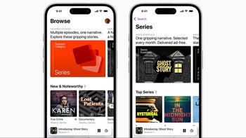 The Apple Podcasts app interface shown on the screens of two iPhones.