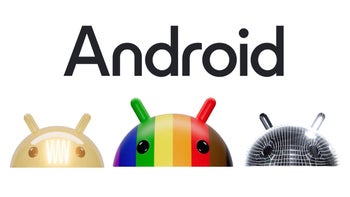 The Android workmark in black ink is posted against a white backdrop with three partial images of the Android bugdroid along the bottom.