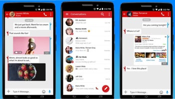 The Verizon Messages app interface displayed on the screens of three different smartphones, set against a blue background.