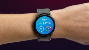 A close-up of a wrist wearing the Galaxy Watch 7 with a turned-on display, showcasing the weather widget.