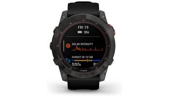 A Garmin Fenix 7X Solar smartwatch in black, displayed against a white background.