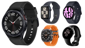 Five smartwatches on a white background from Samsung, Apple, and Google.