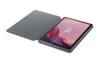 Lenovo Tab M9 (2023), placed in a folio case in Gray against a white background.