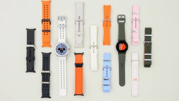 A bunch of Galaxy Watch devices and straps on a clear, bright background.