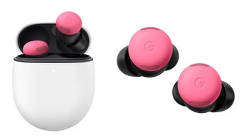 Google Pixel Buds in pink in out of their case on a white background.