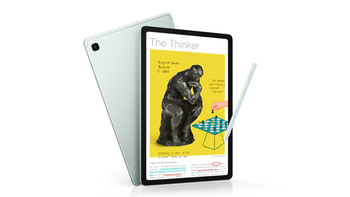 The Galaxy Tab S6 Lite (2024) in Mint with a stylus and a turned-on screen, set against a white background.