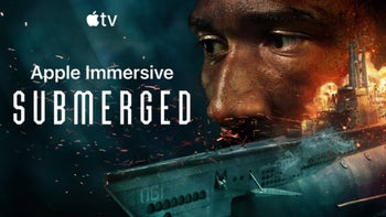 A promotional poster for Apple's Submerged short film, showing a collage of a man's face and a submarine.