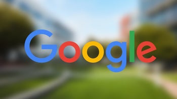 Google's colorful logo on a blurred background.