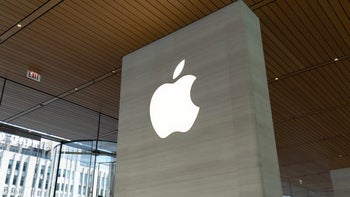 Apple logo on a column in an Apple store.