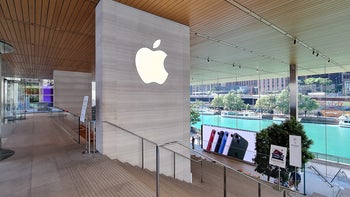 The Apple logo from inside one of the Apple stores.