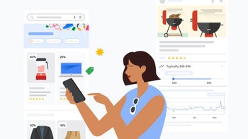 A drawing of a woman with her phone in her hand shopping with Google Shopping.