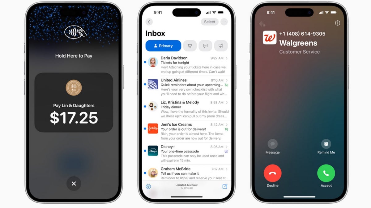 Apple shows how corporate branding and logos can appear on Tap to Pay with iPhone, the Mail app, and the Phone app.