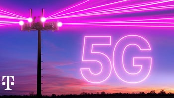 A cell tower shows magenta lights representing T-Mobile's 5G signals coming from the site