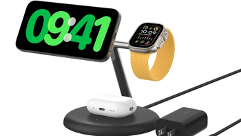 Belkin's 3-in-1 BoostCharge magnetic wireless charging stand with an iPhone, AirPods, and Apple Watch placed on it.