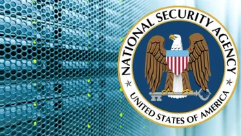 The logo for the National Security Agency is seen on the very right in front of a number of servers.