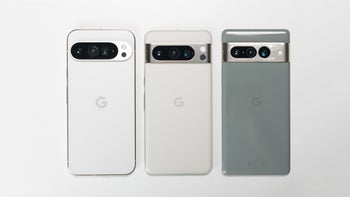 An image of the Pixel 9 Pro XL, Pixel 8 Pro, and Pixel 7 Pro on a table