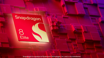 Promotional image of the Snapdragon 8 Elite chipset on a red background.