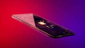 A transparent smartphone with visible internal circuitry and a red-purple gradient background.