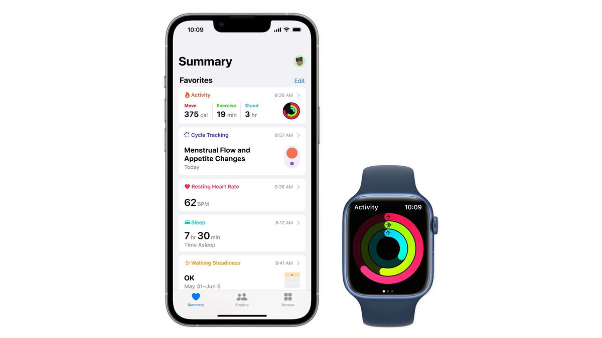 An image of an iPhone and Apple Watch with health metrics displayed