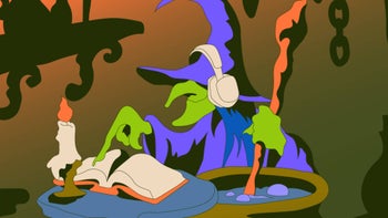 A digital cartoon image of a witch reading a book and with headphones on.