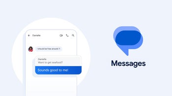 Google Messages logo next to a smartphone showing outgoing messages.