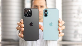 The iPhone 16 Pro Max and the iPhone 16 Plus are held up allowing a comparison of the rear panels of both phones.