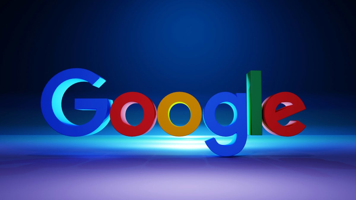 The Google logo is shown with a 3D lookagainst a dark blue background.