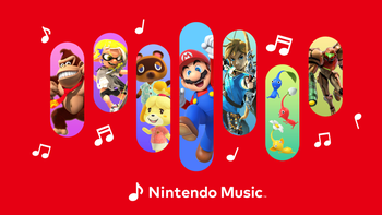 A promotional image for Nintendo Music, featuring popular Nintendo characters like Mario, Link, and Donkey Kong, set against a red background with musical notes.