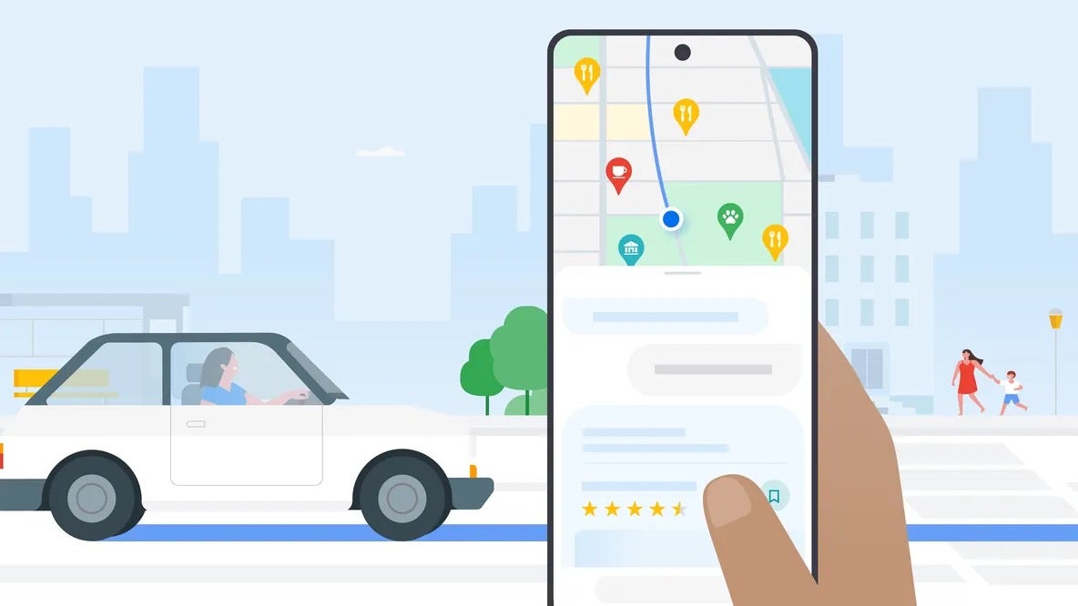 An illustration of a car in the background and a hand in the foreground holding up a phone with Google Maps